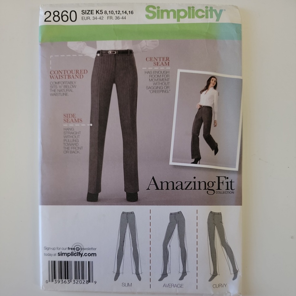 Simplicity 2860 Womens Amazing Fit Pants Sewing Pattern 8-16 Slim Curvy UNCUT